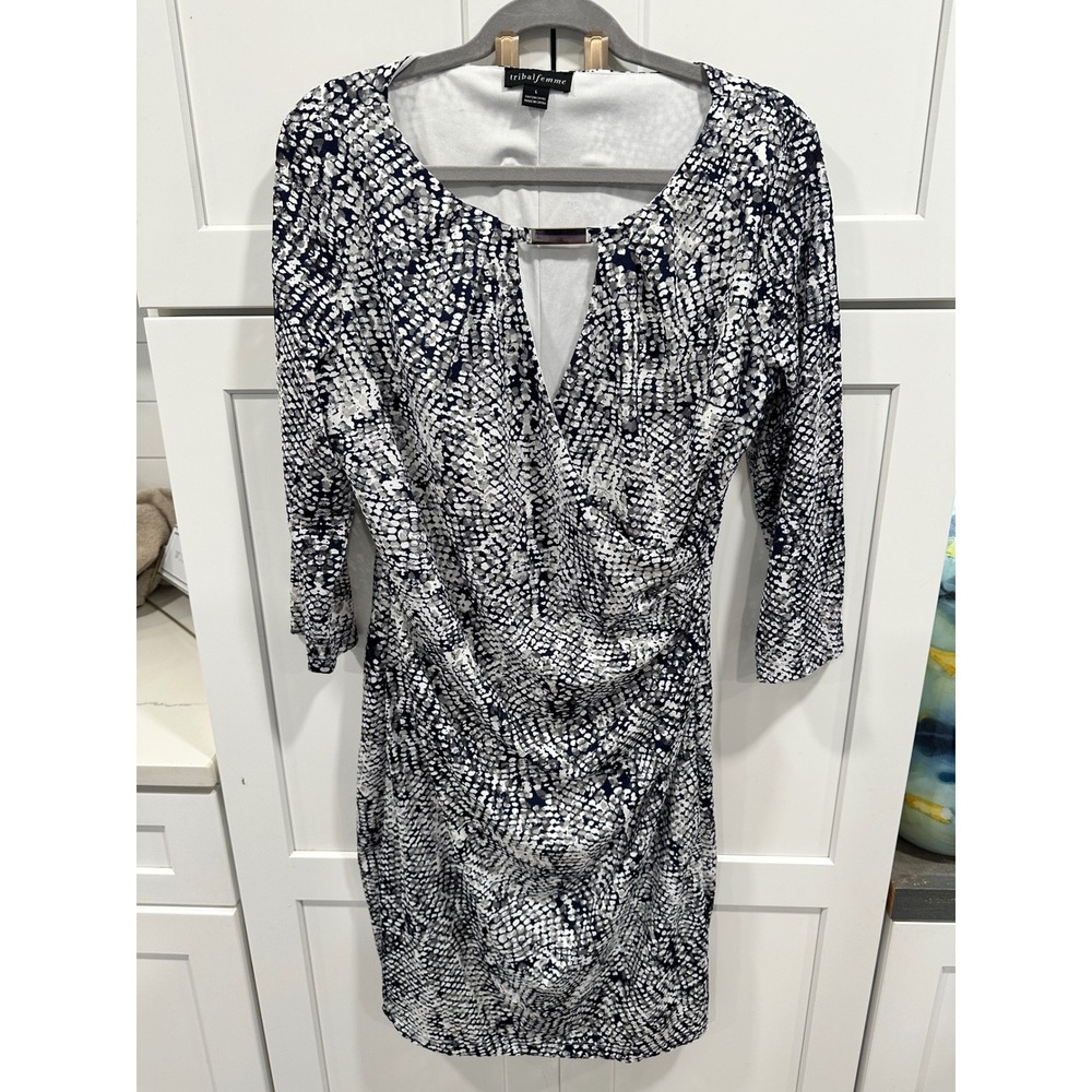 Tribal Femme Navy White Snakeskin Print Faux Wrap Sheath Dress 4360-570 L
